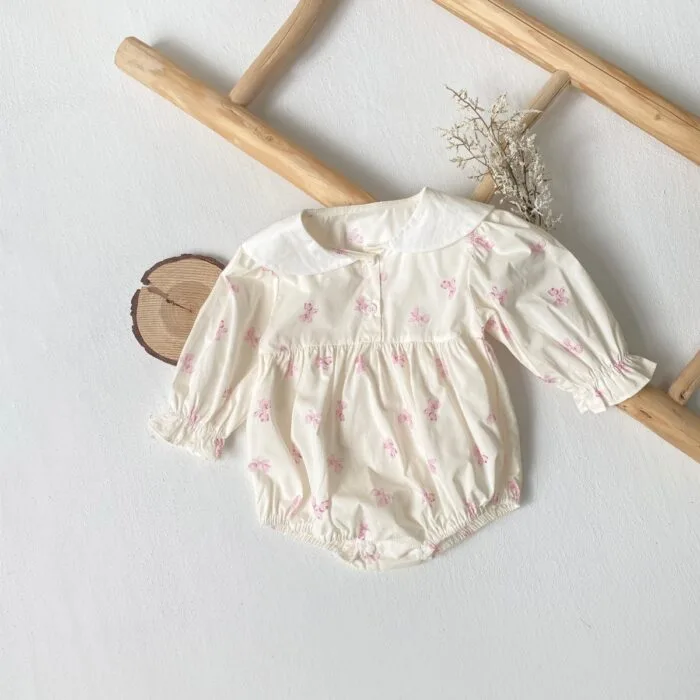 韓版66~90cm - 粉色緞帶印花包屁衣