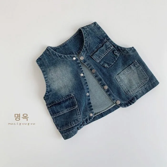 韓版80~130cm - 牛仔釦帶背心