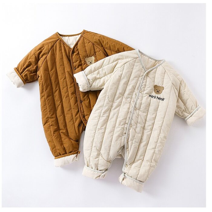 韓版 66~90 - 夾棉刺繡小熊連身衣