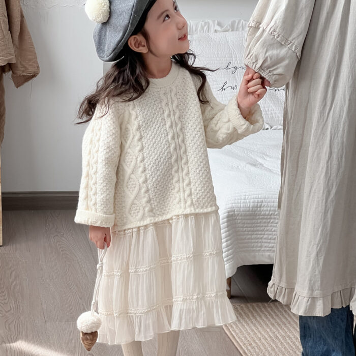 韓版90~140 - 毛衣拼接網紗公主洋裝