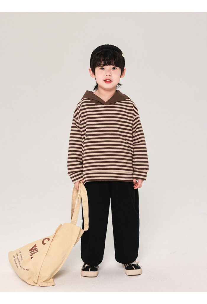 韓版春季90~140cm - 必備橫條連帽口袋上衣 / 二色：圖片 4