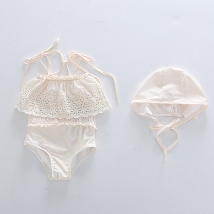 夏日泳裝75~130cm - 綁帶簍空花邊泳裝(含帽子)：圖片 7