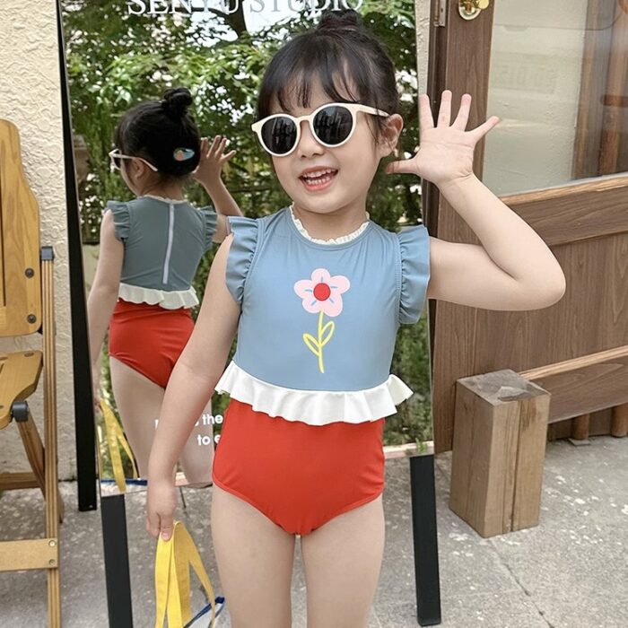 夏日泳裝75~130cm - 花朵拚色連身泳裝