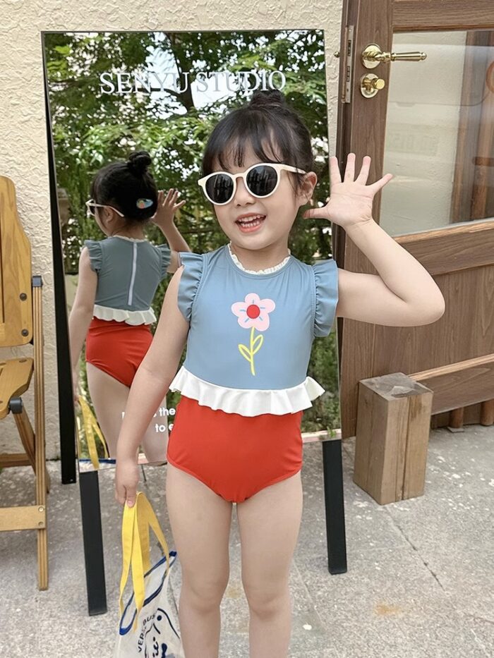 夏日泳裝75~130cm - 花朵拚色連身泳裝