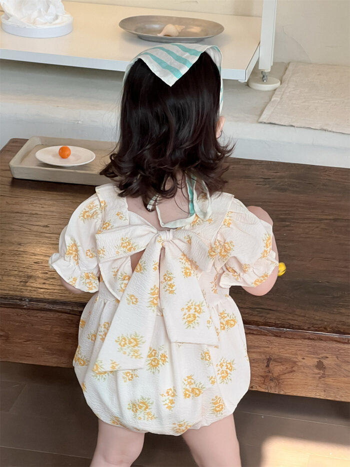 韓版夏季66~90cm - 碎花公主袖後綁帶包屁衣：圖片 4