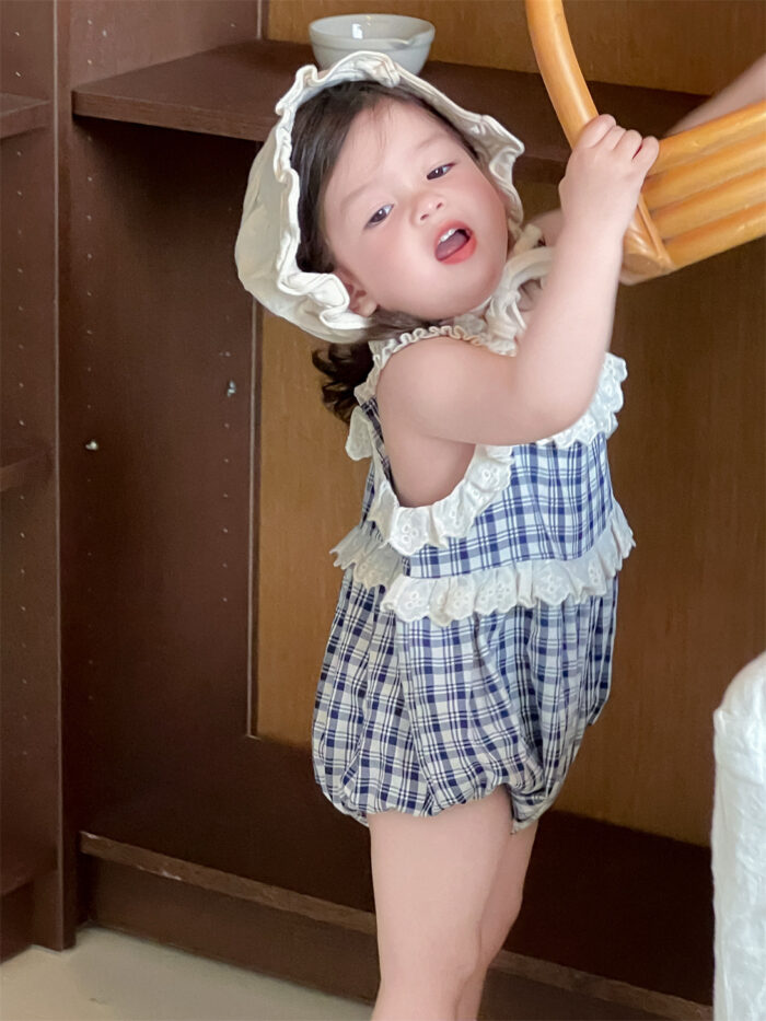 韓版夏季66~90cm - 格紋蕾絲包屁衣：圖片 4
