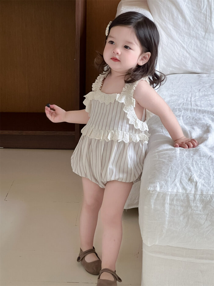 韓版夏季66~90cm - 條紋蕾絲包屁衣：圖片 4