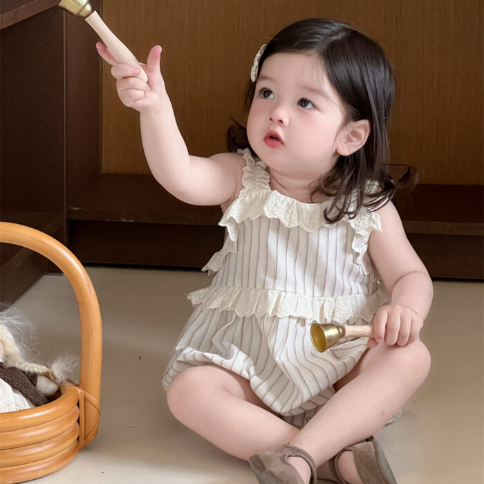 韓版夏季66~90cm - 條紋蕾絲包屁衣