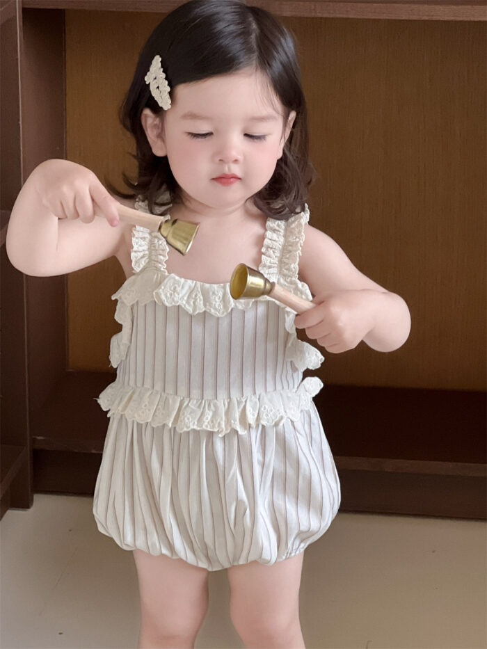 韓版夏季66~90cm - 條紋蕾絲包屁衣：圖片 2