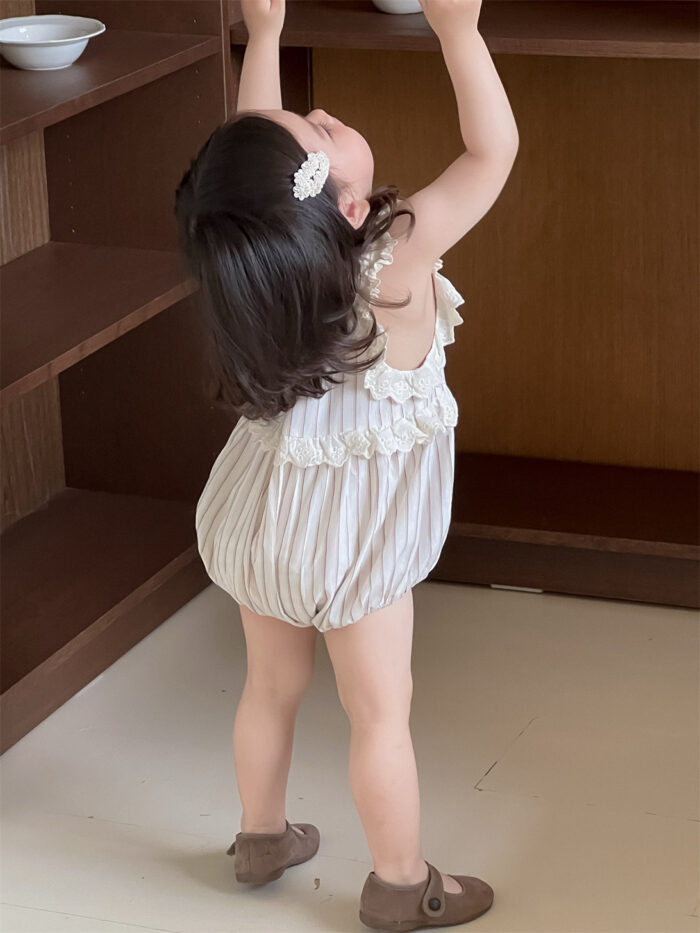 韓版夏季66~90cm - 條紋蕾絲包屁衣：圖片 3