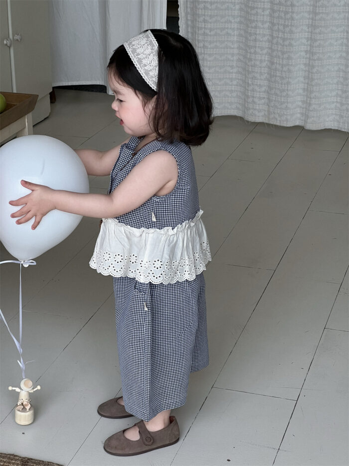 韓版夏季73~100cm - 格子蕾絲背心套裝：圖片 4