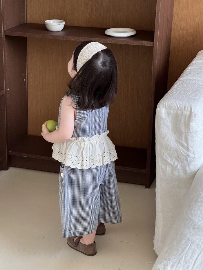 韓版夏季73~100cm - 格子蕾絲背心套裝：圖片 3
