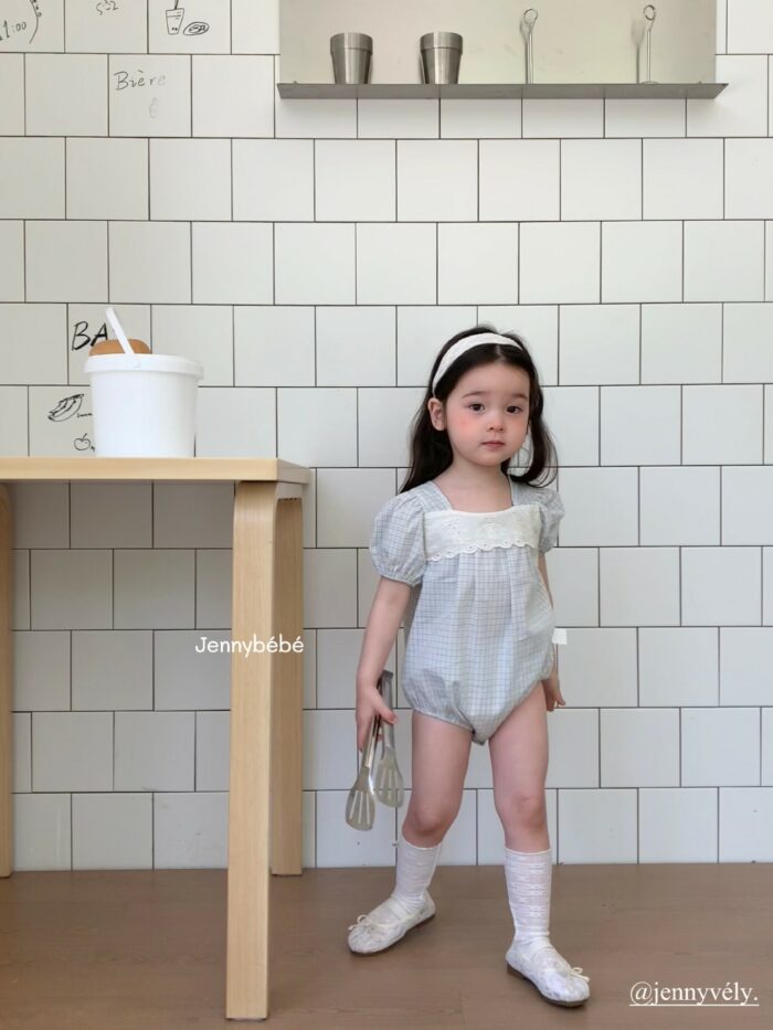 韓版夏季66~90cm - 格紋蕾絲包屁衣：圖片 5