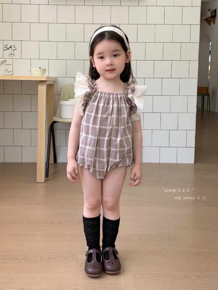 韓版夏季66~90cm - 蕾絲袖格紋包屁衣：圖片 2