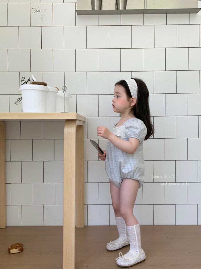 韓版夏季66~90cm - 格紋蕾絲包屁衣：圖片 4