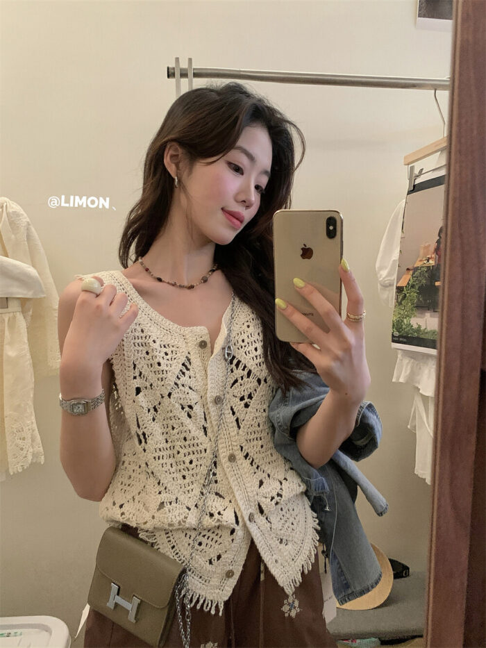韓版女裝 - 復古蕾絲簍空鉤花背心罩衫：圖片 3