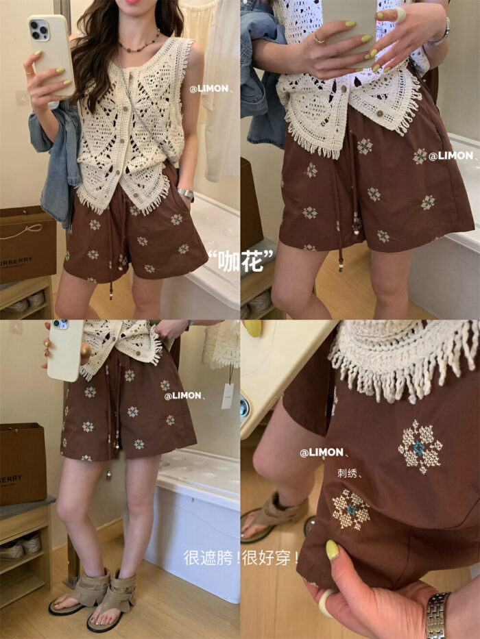 韓版女裝 - 復古刺繡鬆弛感休閒短褲：圖片 5