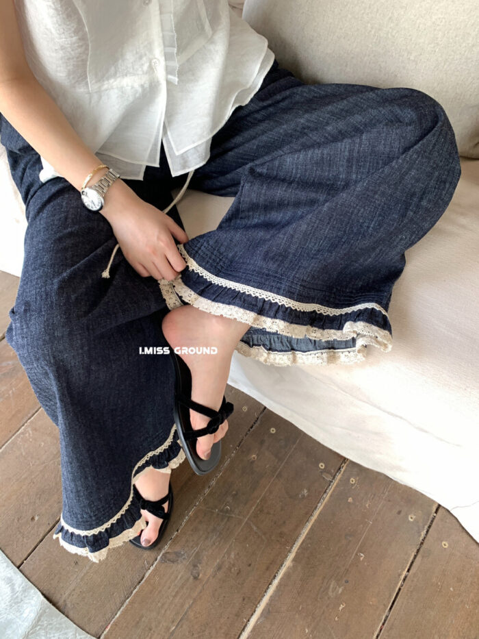 韓版女裝 - 花邊拼接牛仔闊腿顯瘦休閒褲：圖片 7