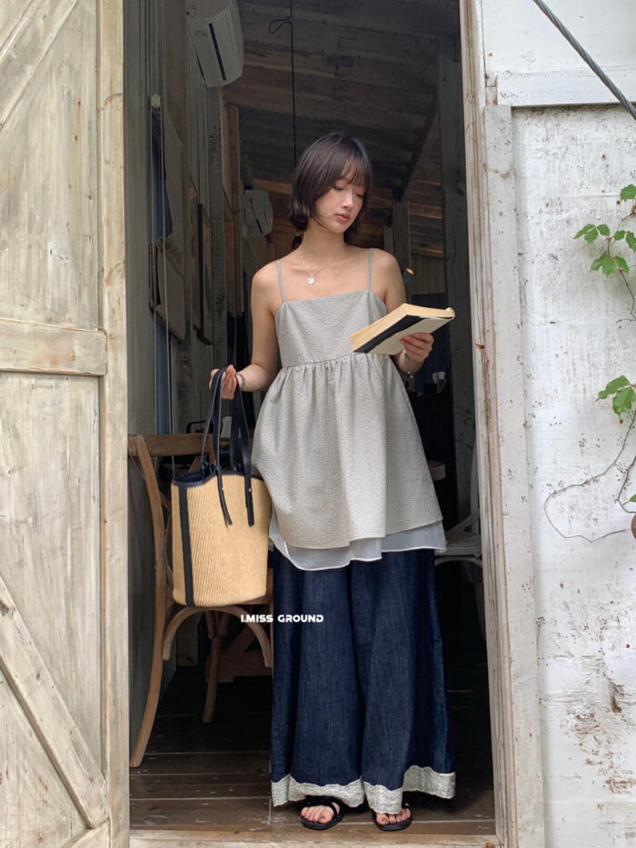 韓版女裝 - 超美格子歐根紗拼接吊帶背心 / 二色：圖片 3