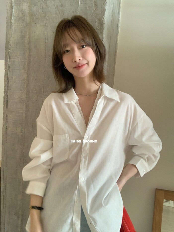 韓版女裝 - 溫柔氣質V領蕾絲寬鬆襯衫 / 三色：圖片 2