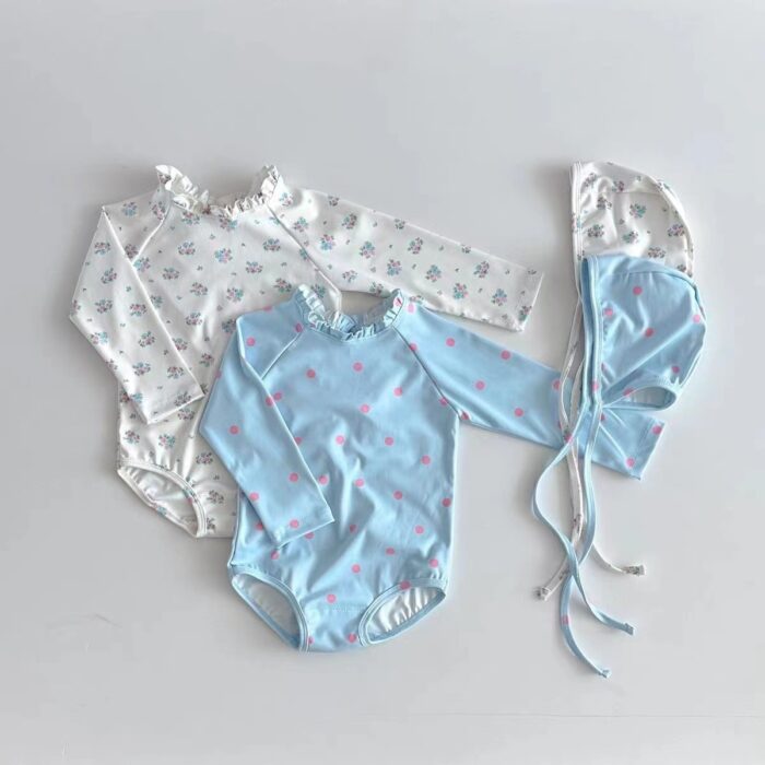 夏日泳裝66~100cm -  防曬連身泳裝含帽子 / 二色