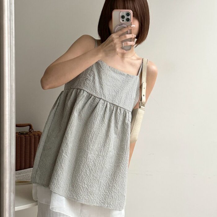 現貨韓版女裝 - 超美格子歐根紗拼接吊帶背心 / 黑色