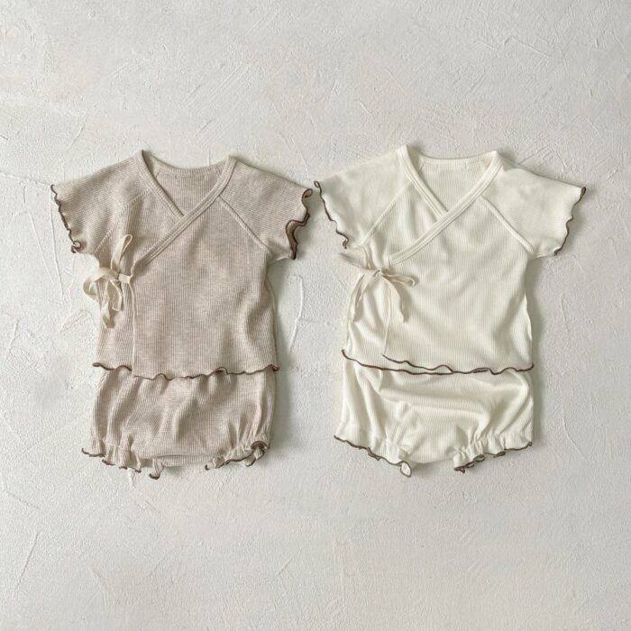 韓版夏季66~90cm - 捲邊綁帶高腰護肚套裝(上衣+下褲+帽子) / 四色：圖片 4