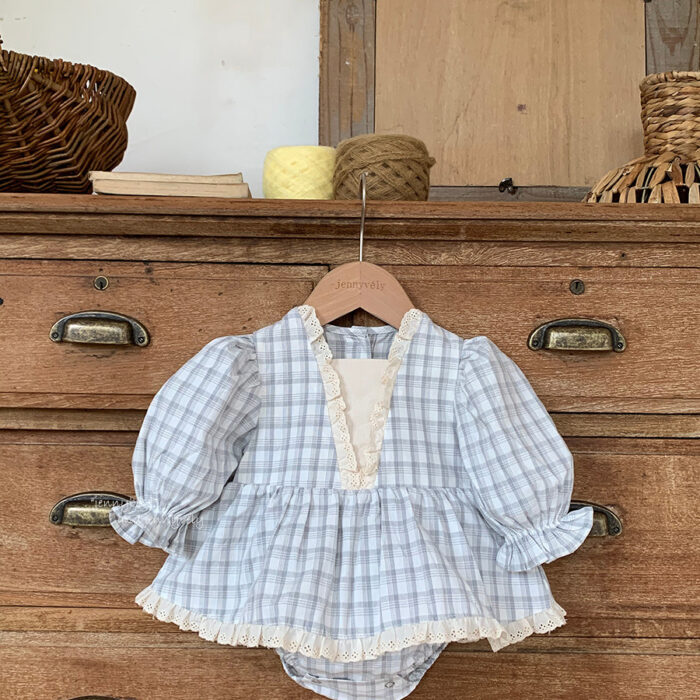 韓版秋季 66~90cm - 格紋蕾絲包屁衣