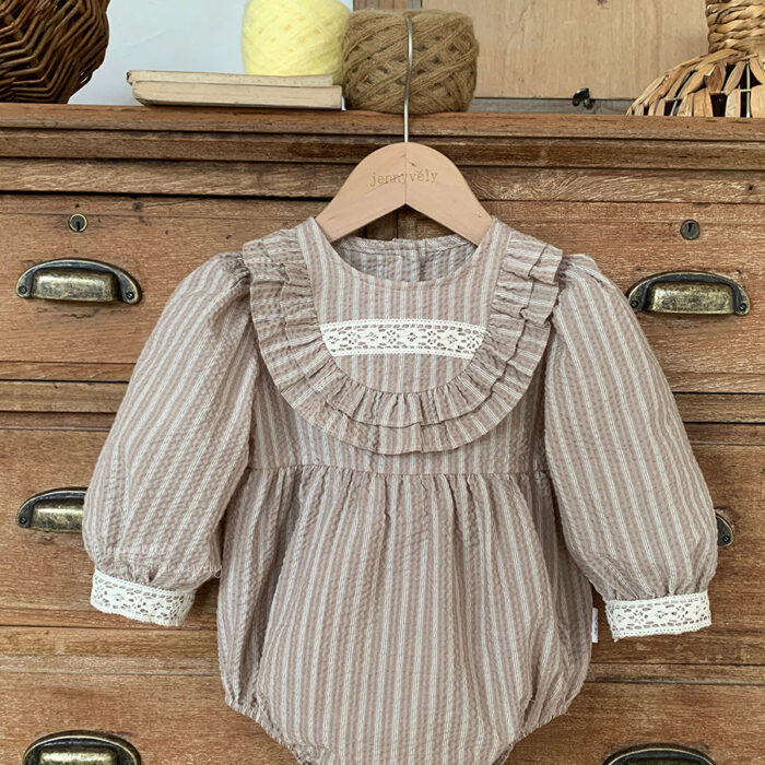 韓版秋季 66~90cm -條紋蕾絲包屁衣
