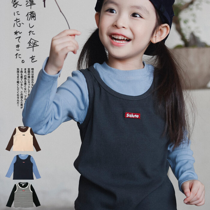 凹豆秋季100~150cm - 假兩間疊穿高彈力針織上衣 / 四色