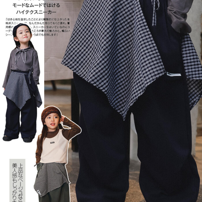 凹豆秋季100~150cm - 格紋裙連休閒工裝褲 / 二色