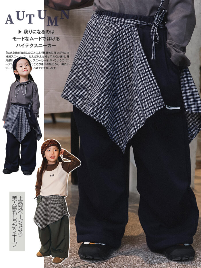 凹豆秋季100~150cm - 格紋裙連休閒工裝褲 / 二色