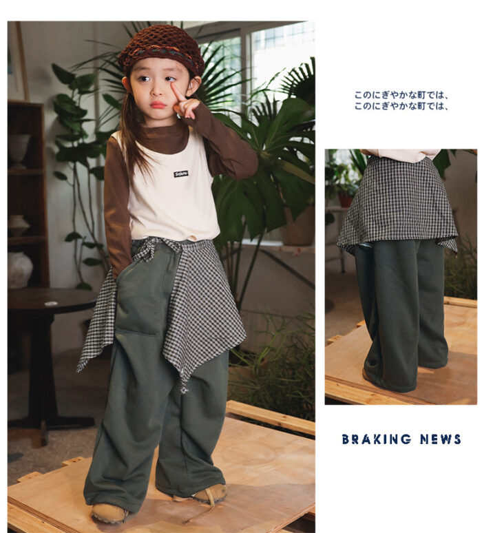 凹豆秋季100~150cm - 格紋裙連休閒工裝褲 / 二色：圖片 3