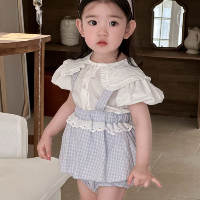 韓版夏季73~90cm - 格紋花邊套裝(上衣+下褲)
