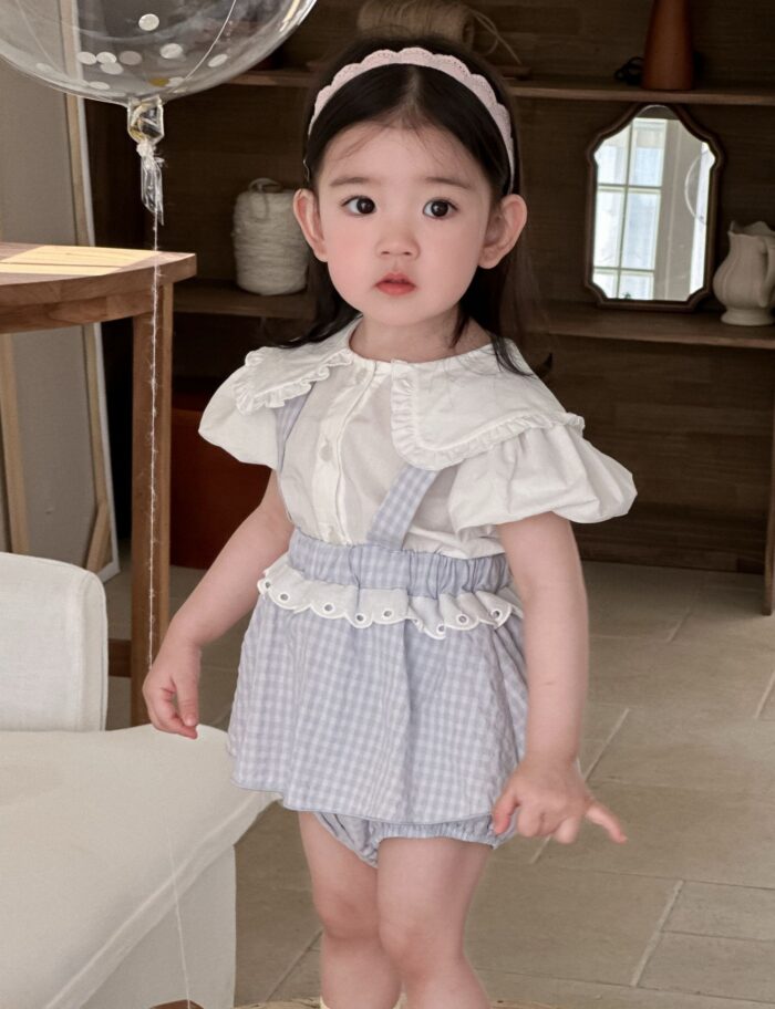 韓版夏季73~90cm - 格紋花邊套裝(上衣+下褲)