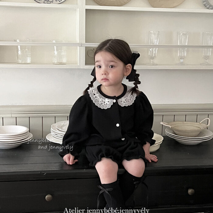 韓版秋季 73~100cm - 黑色蕾絲套裝 (上衣+下褲)