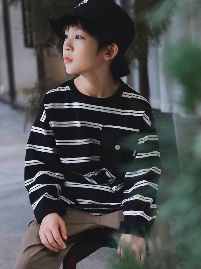 凹豆秋季110~170cm - 橫條拚快口袋上衣 / 三色：圖片 2