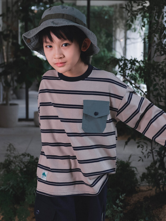 凹豆秋季110~170cm - 橫條拚快口袋上衣 / 三色：圖片 3