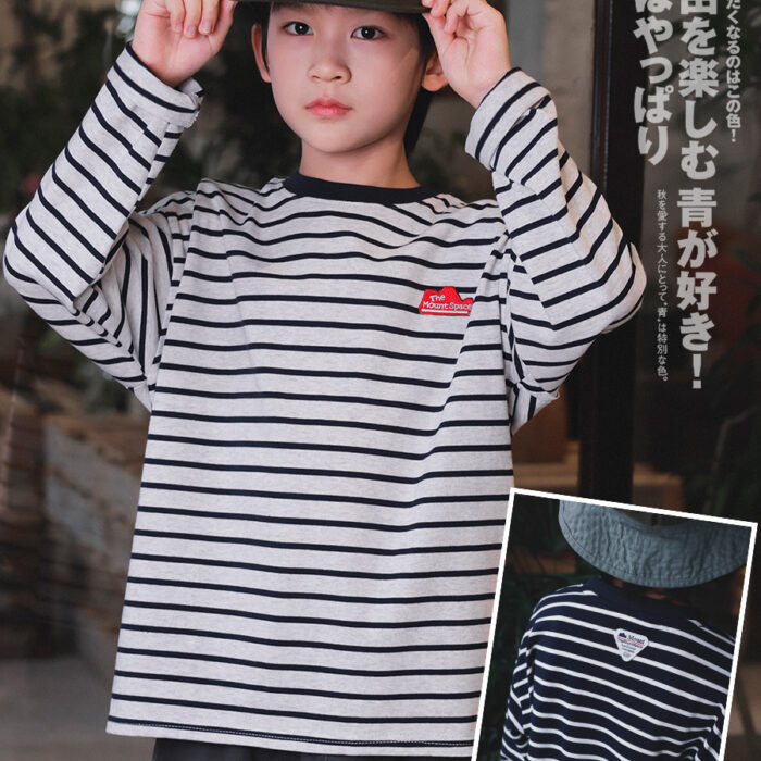 凹豆秋季110~170cm - 橫條刺繡貼上衣 / 二色