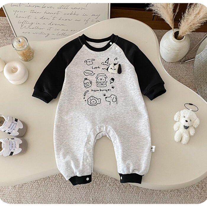 韓版秋季66~90cm - 拚色狗狗印花連身衣