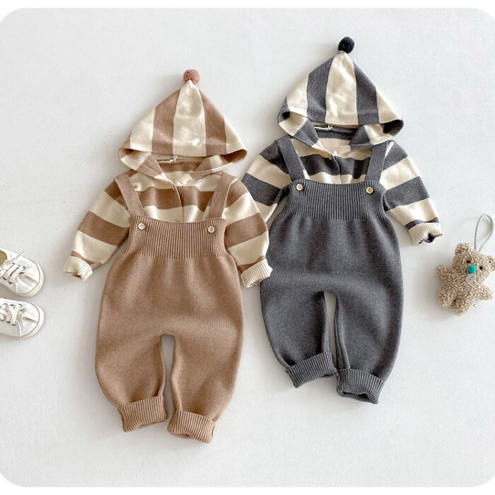 韓版秋季66~90cm - 針織連帽開衫衣+吊帶褲套裝