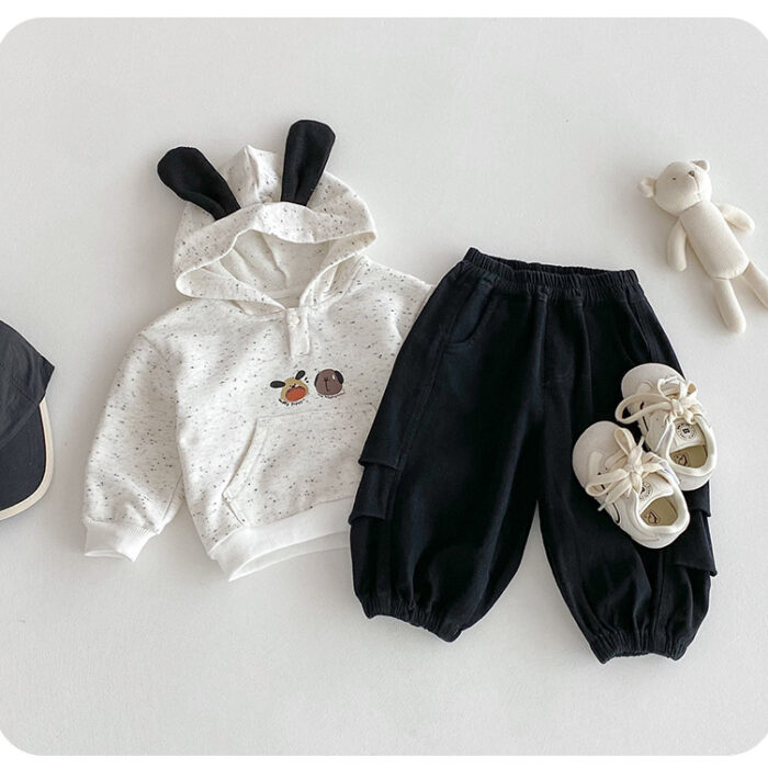 韓版秋季73~100cm - 狗狗連帽上衣 / 黑色褲子