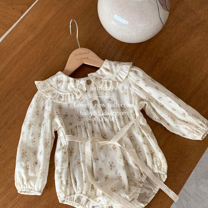 韓版秋季 66~90cm - 超美碎花蕾絲綁帶包屁衣