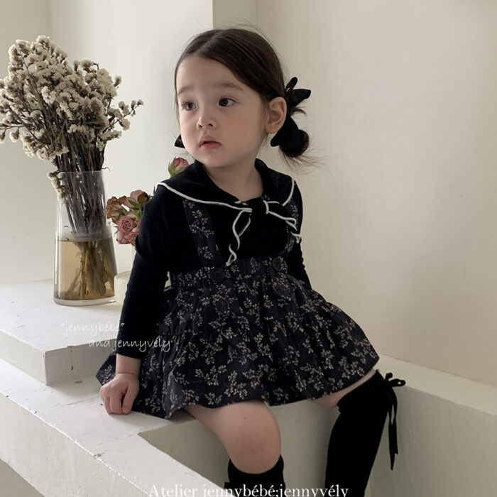 韓版秋季 66~90cm - 碎花吊帶包屁褲裙/領結上衣