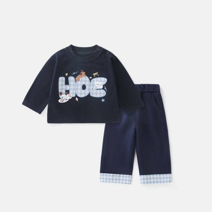 韓版秋季80~120cm - 狗狗英文印花套裝(上衣+下褲)/深藍