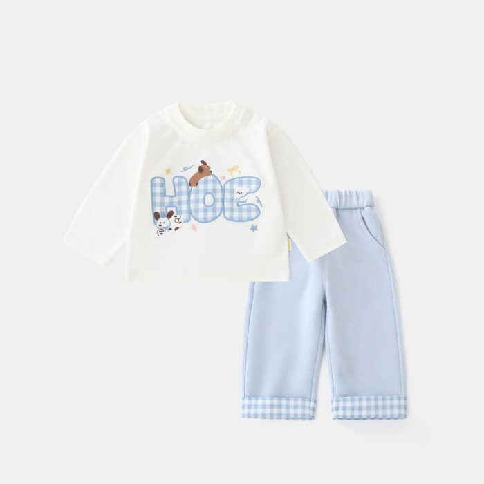 韓版秋季80~120cm - 狗狗英文印花套裝(上衣+下褲)/白色