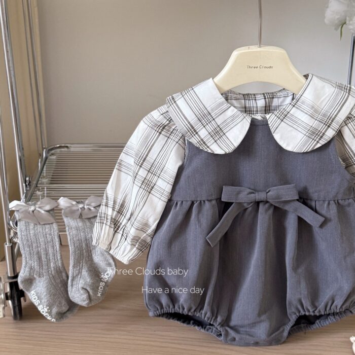 韓版秋季66~100cm - 格紋小圓領包屁衣套裝