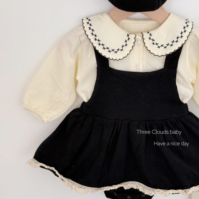 韓版秋季66~100cm - 黑色蕾絲包屁裙套裝