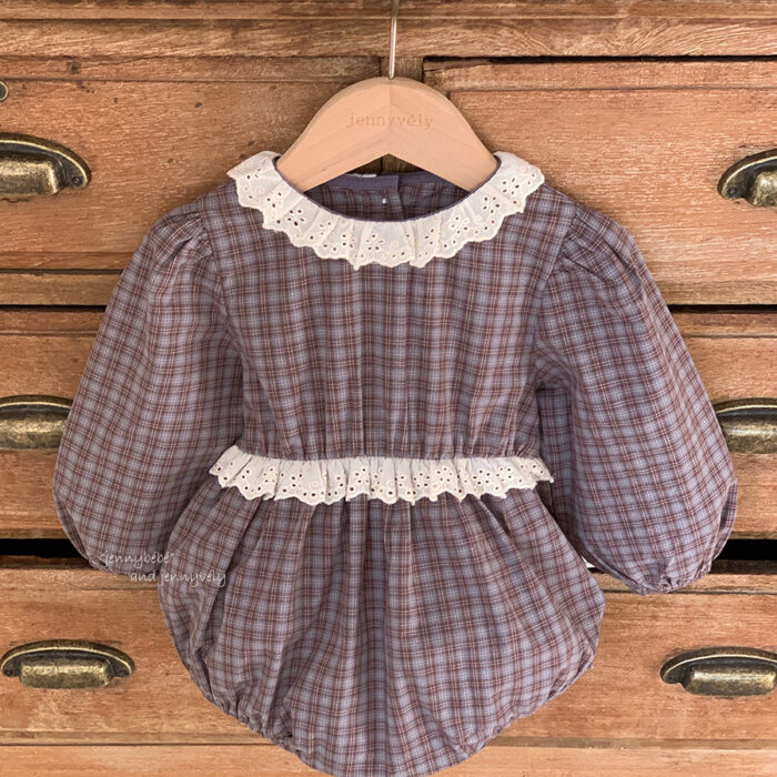 韓版秋季 66~90cm - 格紋蕾絲包屁衣