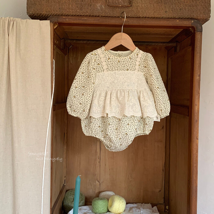 韓版秋季 66~90cm - 假兩件碎花蕾絲包屁衣